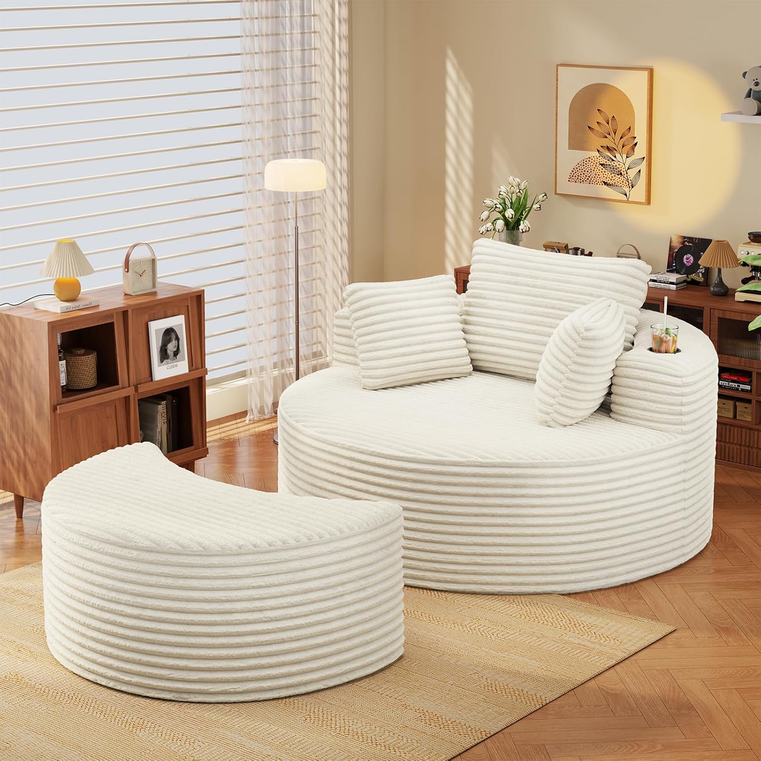 Round Chaise Lounge with Ottoman, Cloud Corduroy Curved Reading Lounge Sofa Chair with Cup Holders, Circle Memory Foam Chaise Chair and Ottoman Set for Study, Living Room, Sunroom, Beige