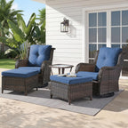 Belord 5 Piece Wicker Patio Furniture Set, Outdoor Swivel Rocker Chairs Set of 2 with Ottomans and Side Table, All Weather Patio Conversation Furniture Set, for Porch Pool, Brown Wicker/Blue