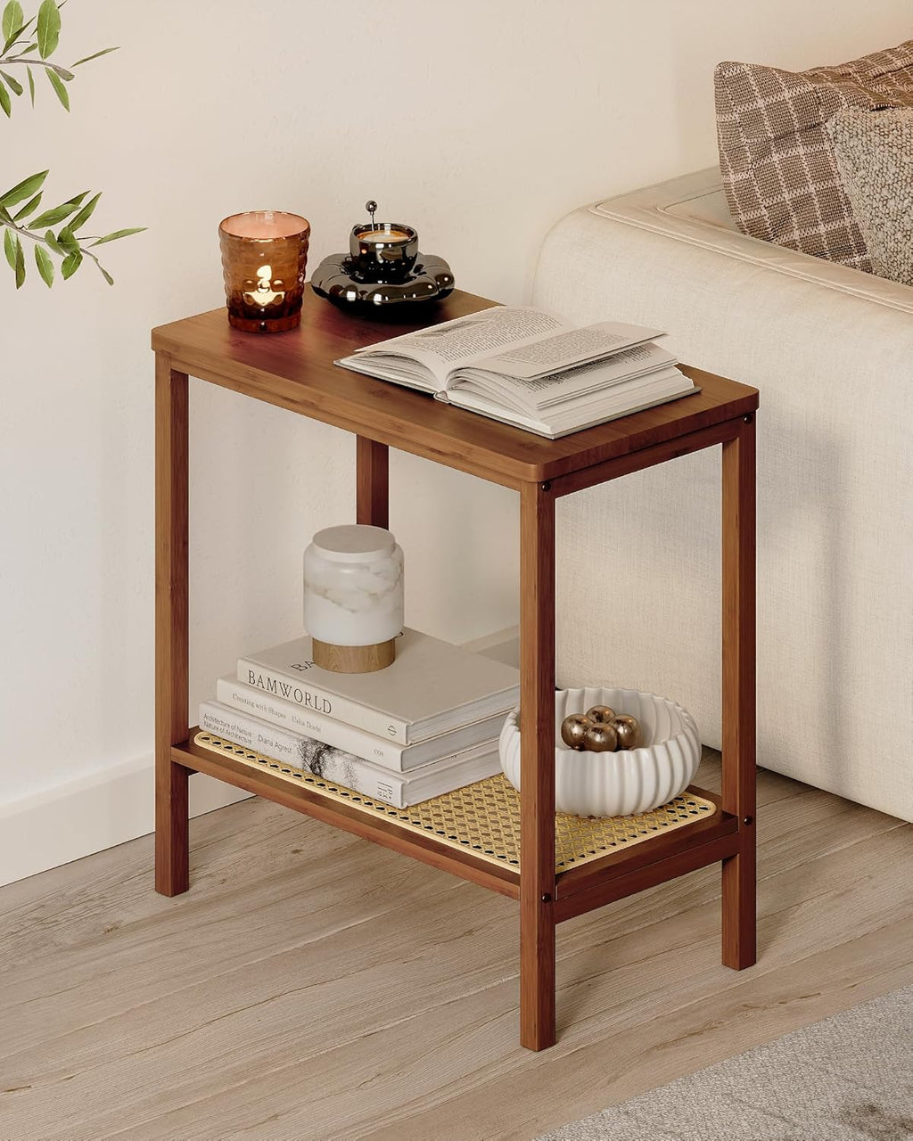 Rattan Side Table Mid Century Modern End Table Living Room 2-Tier End Table with Rattan Storage Shelves for Small Space Night Stand Narrow Coffee Table Boho Bamboo Small Bedside Table