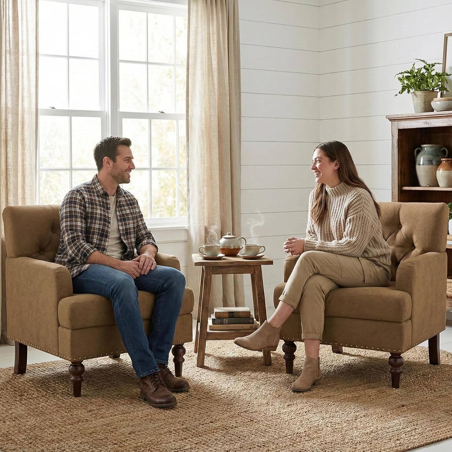 MALOL Upholstered Accent Chair Set of 2, Comfy Reading Chair for Living Room, Mid Century Modern Armchair with Thick Cushion & Solid Rubberwood Legs, for Bedroom/Small Spaces, Brown