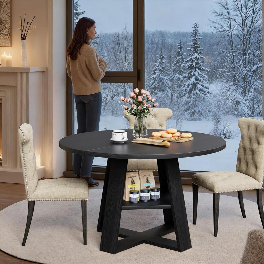 43 inch Round Dining Table for 4-6, Dining Table with Storage Shelf, Wood Grain Top, Sturdy Wood Legs, Space Saving Dinner Tables, Circle Kitchen Tables