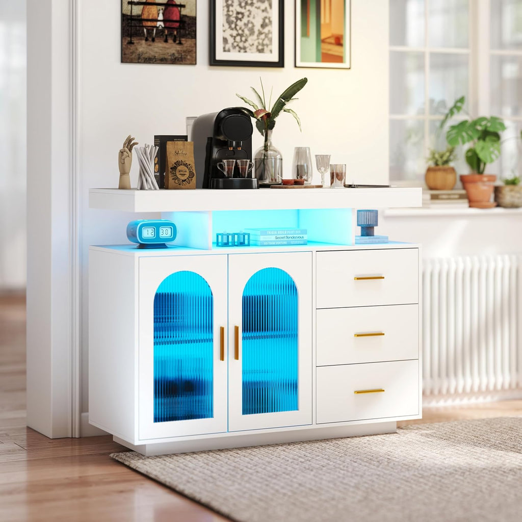40" LED Buffet Cabinet with Charging Station, Auto Sensor Kitchen Storage Cabinet with RGB 24 Color Lights, Coffee Bar Cabinet with 3 Drawers,Sideboard Buffet Cabinets for Living Room (White)