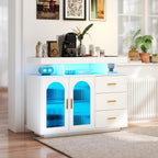 40" LED Buffet Cabinet with Charging Station, Auto Sensor Kitchen Storage Cabinet with RGB 24 Color Lights, Coffee Bar Cabinet with 3 Drawers,Sideboard Buffet Cabinets for Living Room (White)