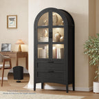 ONBRILL 71" Tall Arched Display Cabinet with LED Lights, Arched Kitchen Pantry with 2 Drawers, Modern Display Storage Cabinets with Adjustable Feet, Pantry Cabinet for Kitchen, Living/Dining Room
