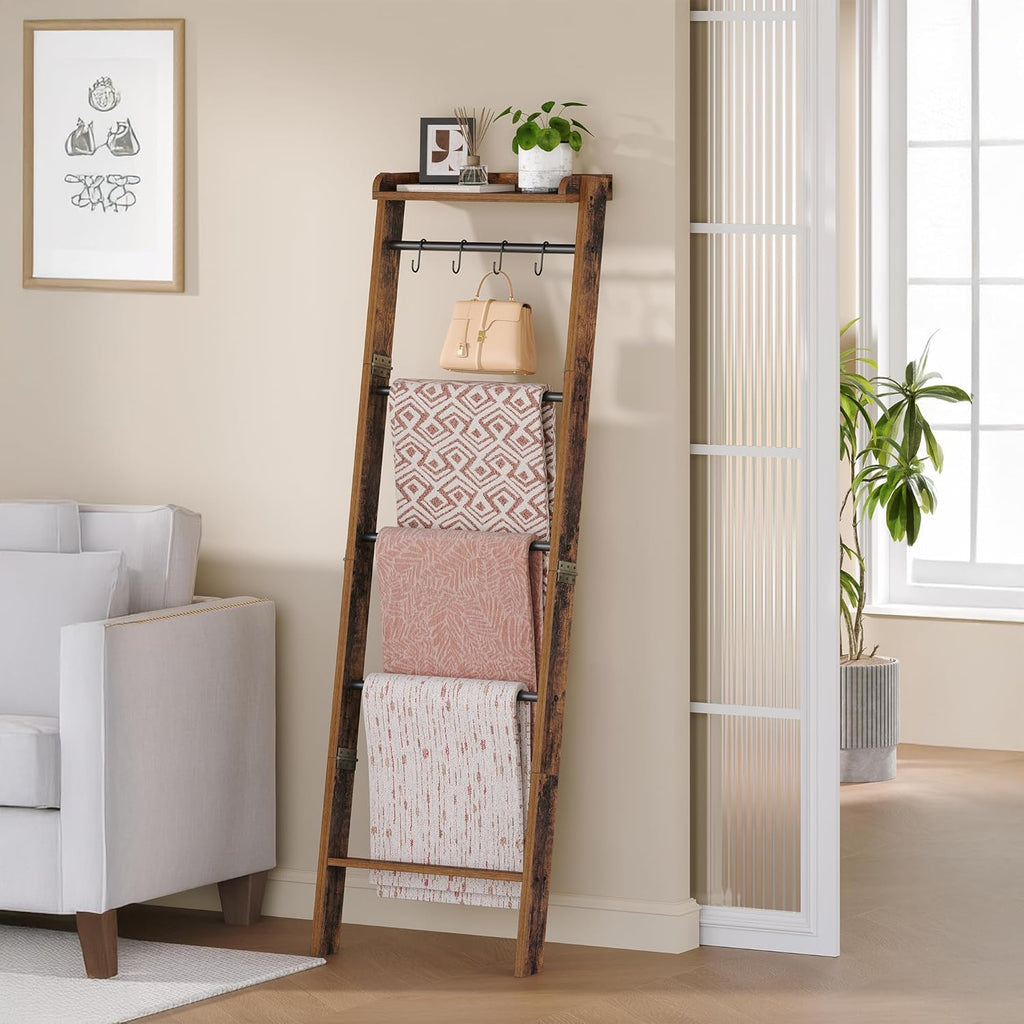 Hzuaneri Blanket Ladder Shelf, Decorative Quilt Rack, 6-Tier Farmhouse Ladder Holder Organizer with 4 Removable Hooks 7.9" D x 17.3" W x 63.4" H, Rustic Brown BR35801B