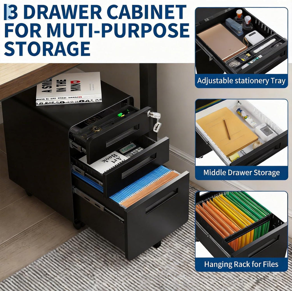 3 Drawer File Cabinet with Lock, Mobile Metal Filing Cabinet for Letter/Legal/A4 Size, Under Desk Rolling Office Storage Cabinet, Fully Assembled, Black