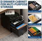 3 Drawer File Cabinet with Lock, Mobile Metal Filing Cabinet for Letter/Legal/A4 Size, Under Desk Rolling Office Storage Cabinet, Fully Assembled, Black