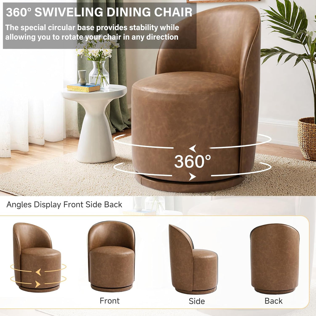 Faux Leather Swivel Barrel Accent Chair, Upholstered Kitchen Dining Room Chair, Makeup Vanity Side Chair for Bedroom Living Room - Brown