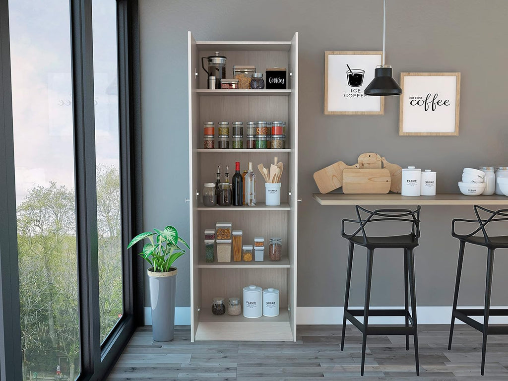 Multistorage Pantry Cabinet,Five Shelves,Double Door Cabinet for Kitchen,Laundry,Living Room,Bedroom-Pearl