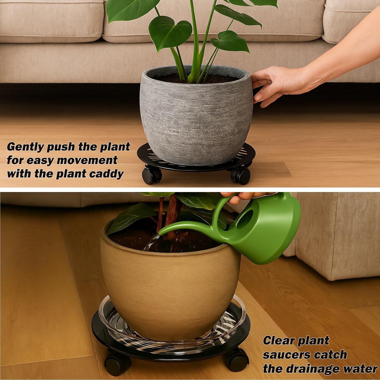 3 Packs Large Metal Plant Caddy with PU Wheels 13.6" Heavy-duty Wrought Iron Rolling Plant Stands Indoor Outdoor Wheeled Plant Dolly Planter Mover Rollers Plant, Leaf Style