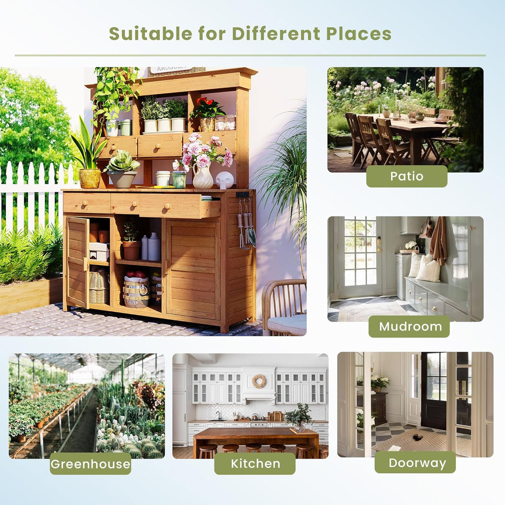 66" Durable Fir Wood Freestanding Storage Chest, Accent Cabinets with Multiple Drawers, Utility Organizer with Anti-Tipping for Patio Mudroom Greenhouse, Natural