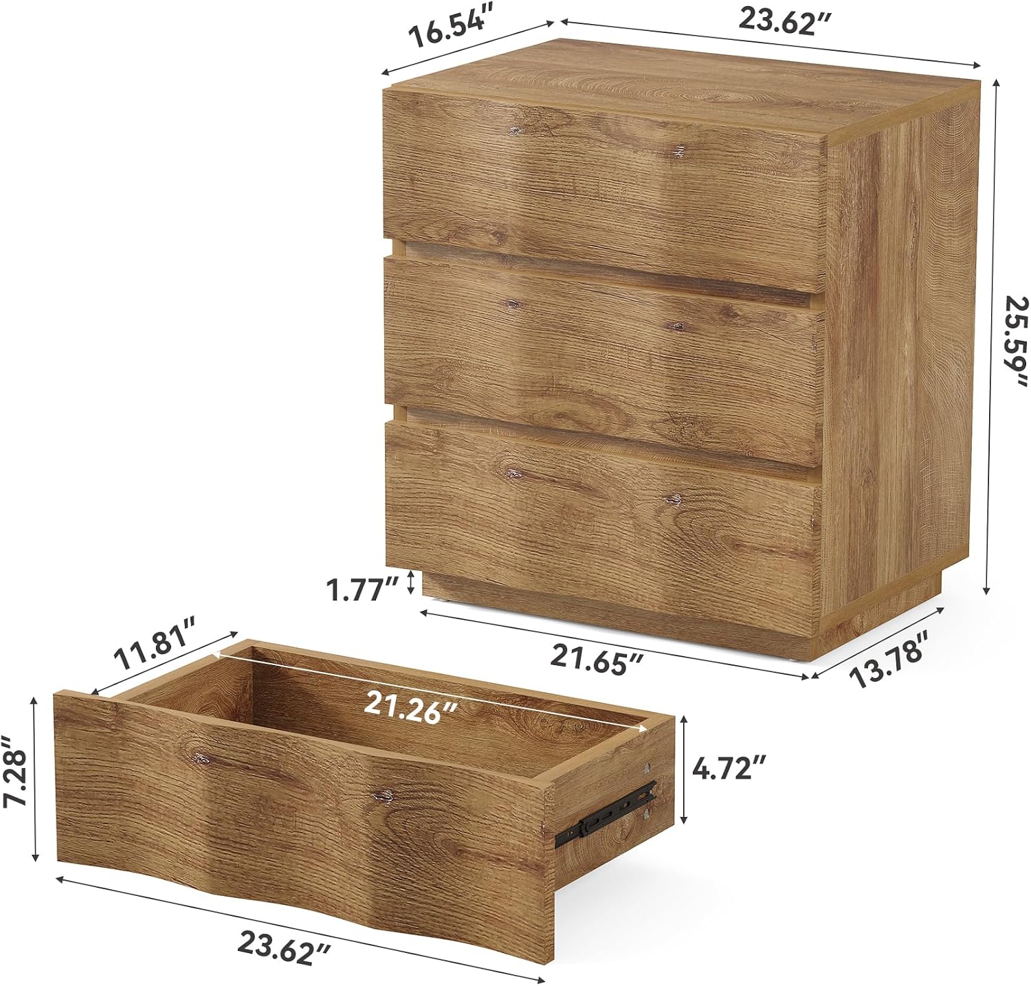 LITTLE TREE End Table with 3 Drawers, Fluted Nightstand, Farmhouse Bedside Table, Wood Nightstand, Small Bedroom Dresser, Rustic Wood End Table with Storage for Living Room, Bedroom, Closet, Natural