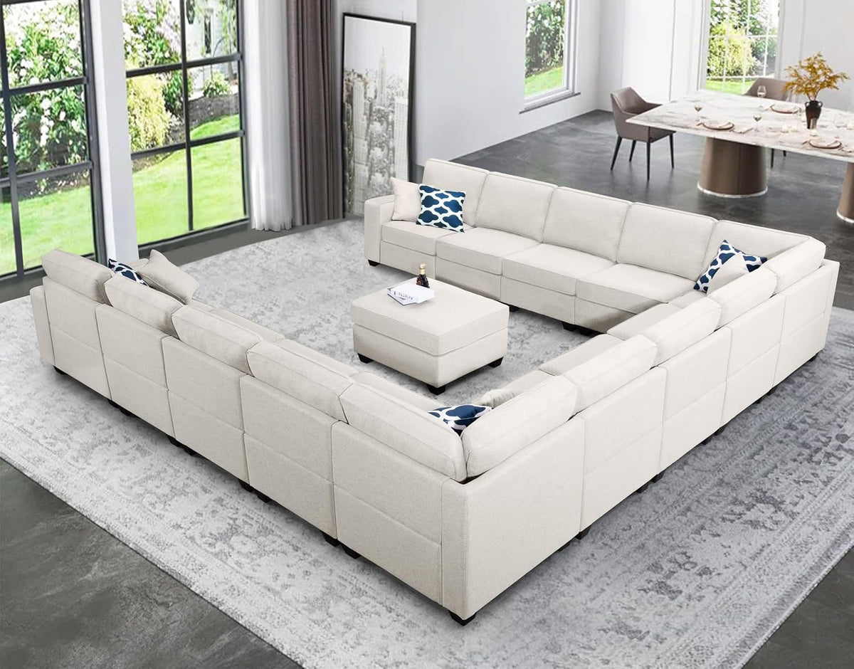 Legend Vansen Oversized Modular Sectional Sofa,U/L‑Shaped Reversible Couch with Ottoman,Deep Seat Plush Polyester Sofa for Living Room,14‑Seater,Cream