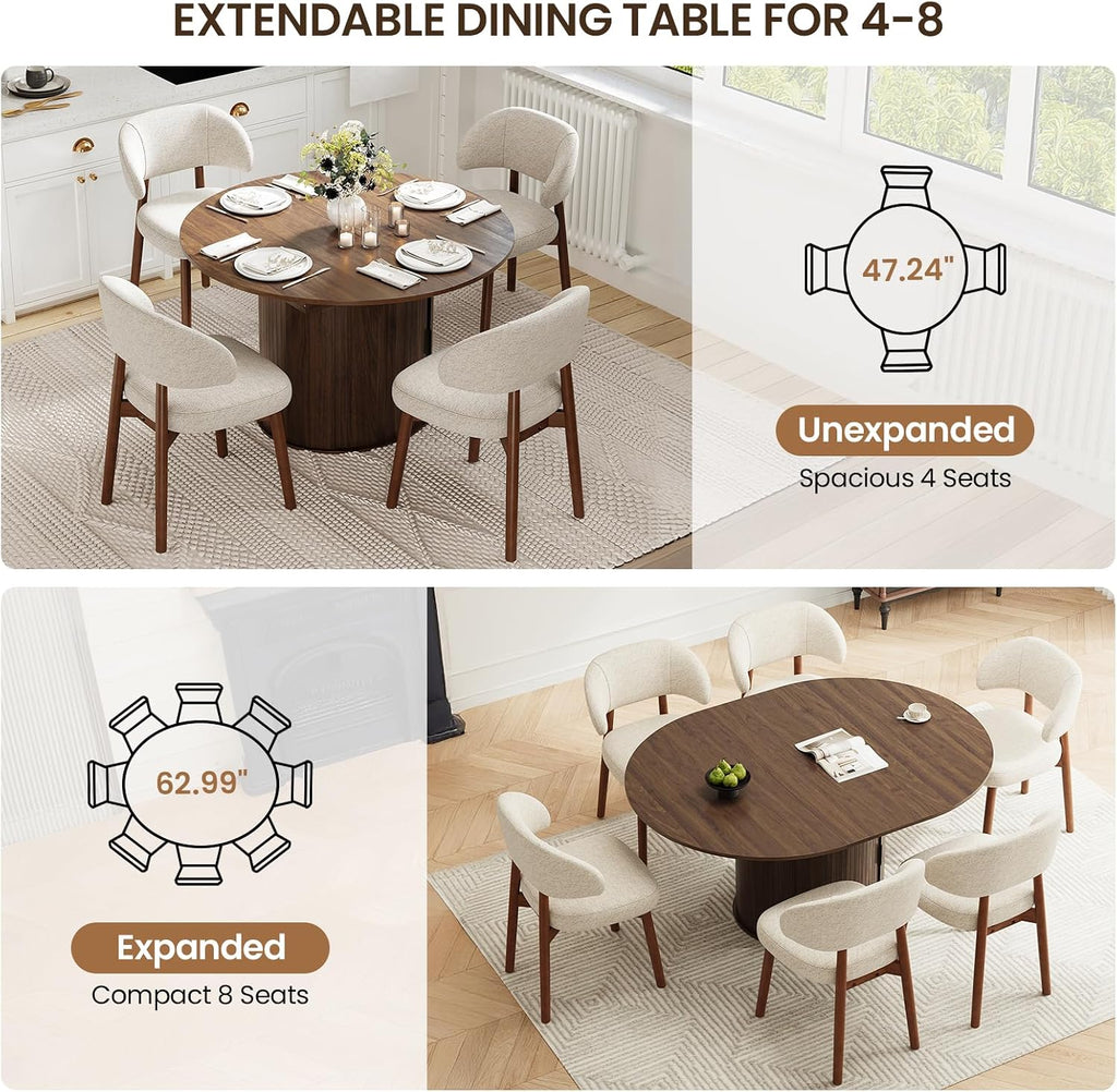 MALOL 47"-63" Extendable Round to Oval Dining Room Table Chairs Set for 4-8, Modern Wooden Kitchen Table and Chairs with Hidden Storage and Fluted Design for Dining Room/Small Space(Walnut and Beige)