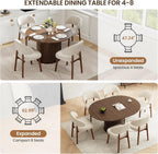 MALOL 47"-63" Extendable Round to Oval Dining Room Table Chairs Set for 4-8, Modern Wooden Kitchen Table and Chairs with Hidden Storage and Fluted Design for Dining Room/Small Space(Walnut and Beige)
