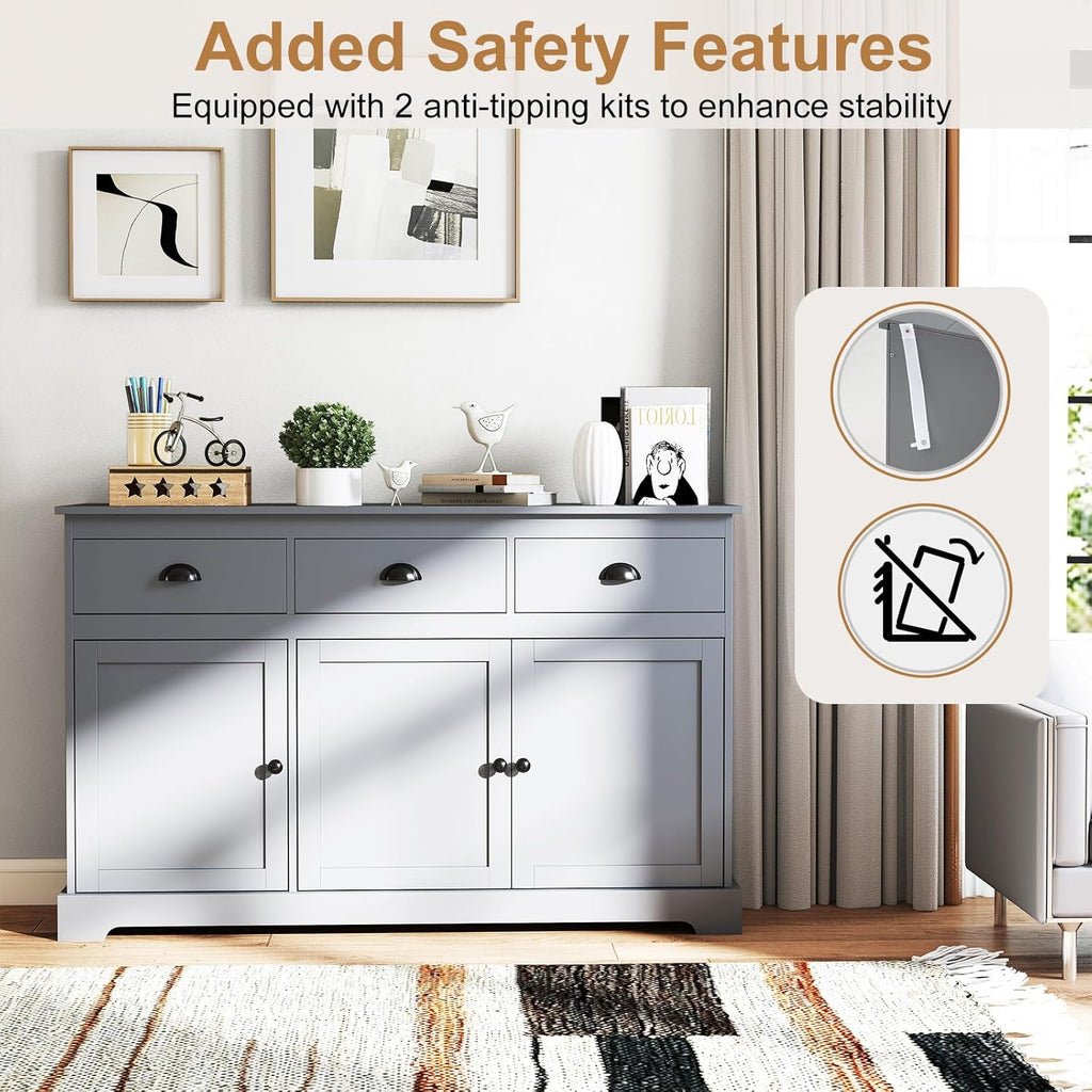 Sideboard Buffet Cabinet with Storage, 53.5” Large Kitchen Cupboard with 3 Drawers, Adjustable Shelf, Credenzas for Living Room, Wooden Coffee Bar Console Table for Dining Room (Grey)