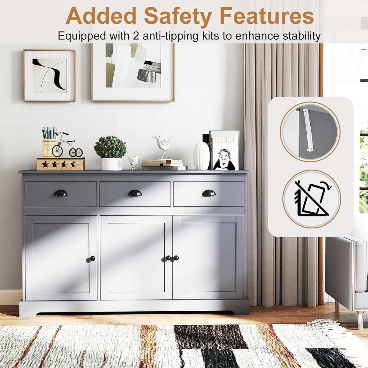 Sideboard Buffet Cabinet with Storage, 53.5” Large Kitchen Cupboard with 3 Drawers, Adjustable Shelf, Credenzas for Living Room, Wooden Coffee Bar Console Table for Dining Room (Grey)