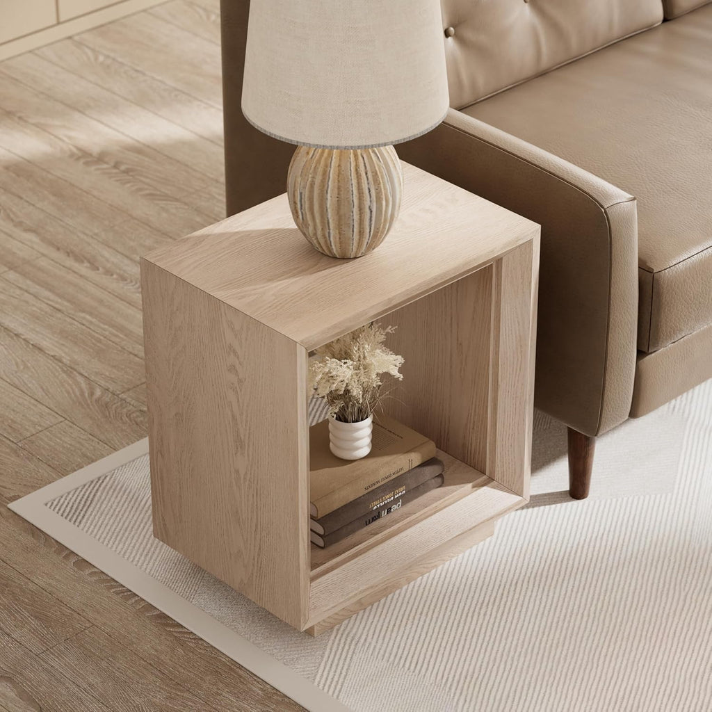 COZAYH Farmhouse End Table, Open Cube Accent Table with Geometric Frame, Modern Minimalist Side Table, Light Grey