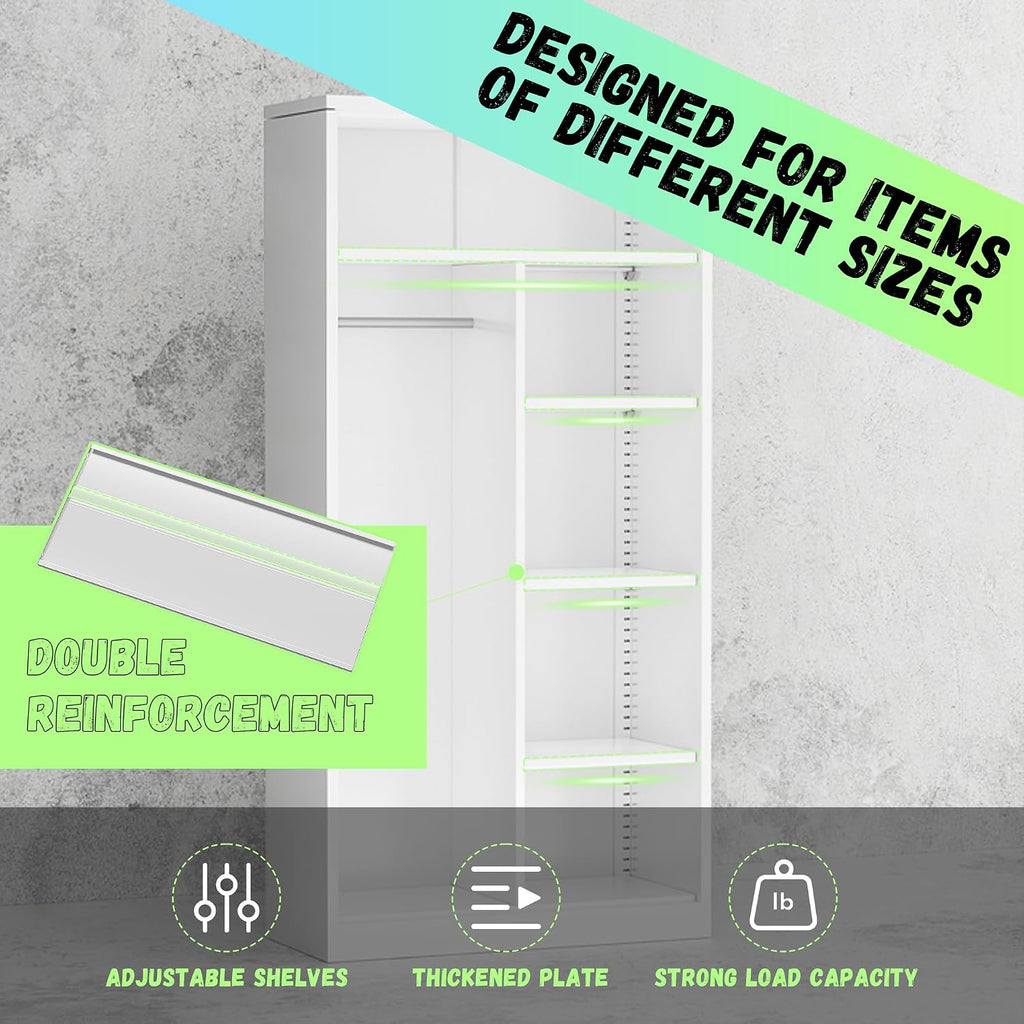 Bonusall Metal Wardrobe Closet, 72" Armoire Wardrobe with Lockable Doors, Split Closet Design, Left for Hanging and Right for Shelves, Armoires for Home Office, Bedroom, Laundry Room(White)