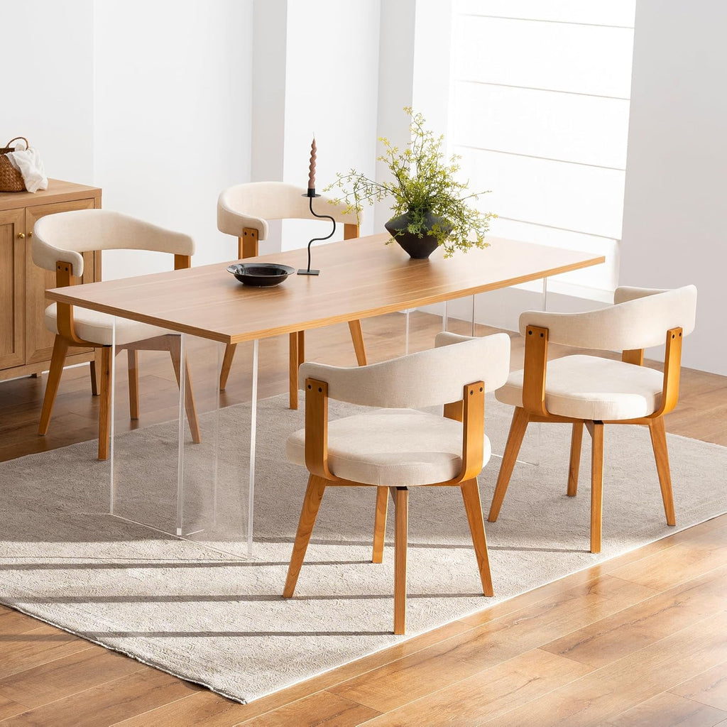 EYYTHUNG Swivel Dining Chairs Set of 2, Mid Century Modern Chenille Dining Chairs with Arms and Wood Legs,Upholstered Kitchen Chairs for Kitchen, Dining Room, Living Room, Beige and Dark Oak