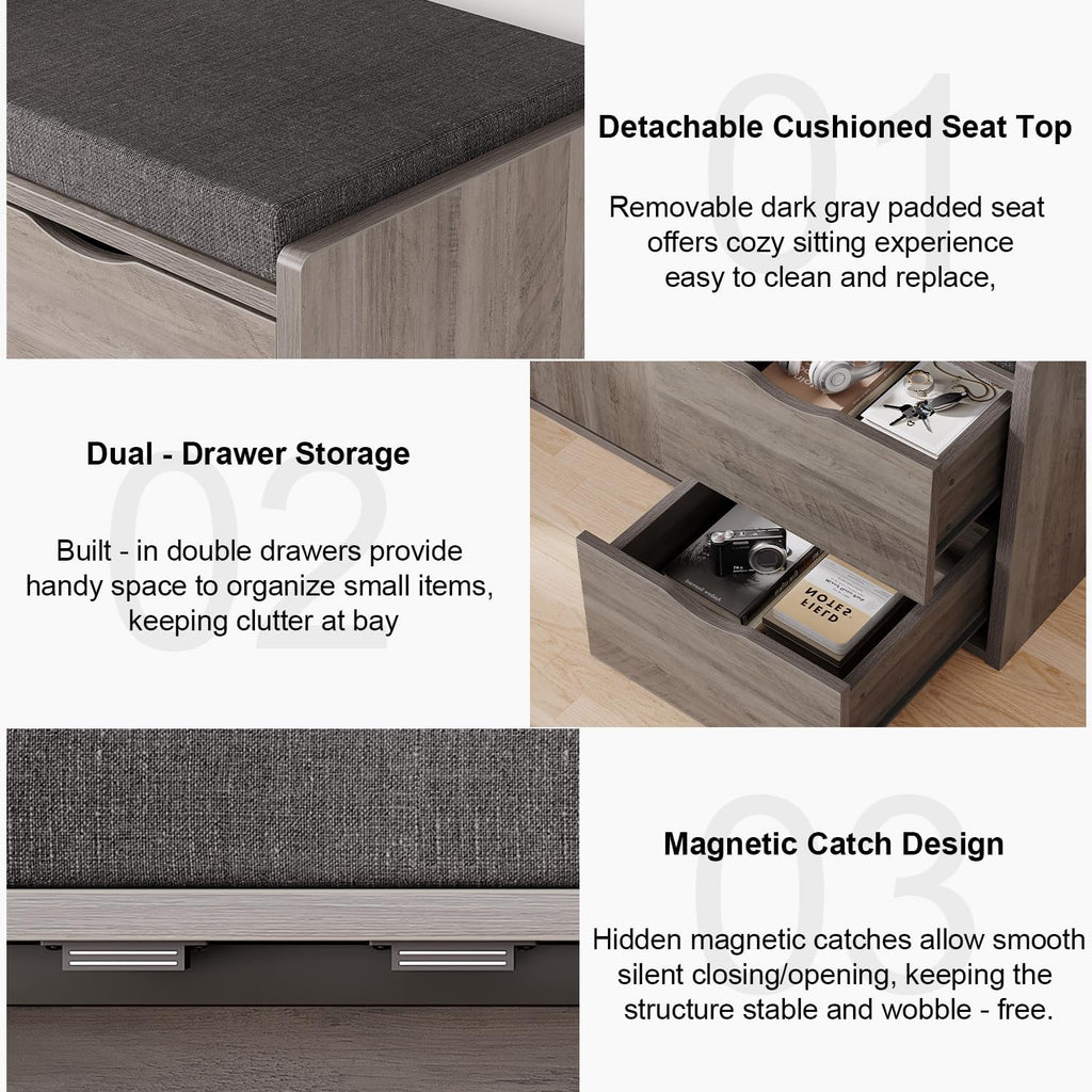 LVB 2-Tier Storage Bench with Padded Cushion, Entryway Shoe Bench with 2 Drawers, 2 Barn Doors & Adjustable Shelf, Industrial Style for Foyer, Bedroom, Living Room, Greige, 40 Inch