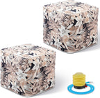Juexica 2 Pack Inflatable Outdoor Ottoman Pouf Waterproof Cube 16" Square Blow up Ottoman Footrest with Handle Outdoor Portable Footstool for Patio Garden Camping or Home Pool(Flower,Gold)
