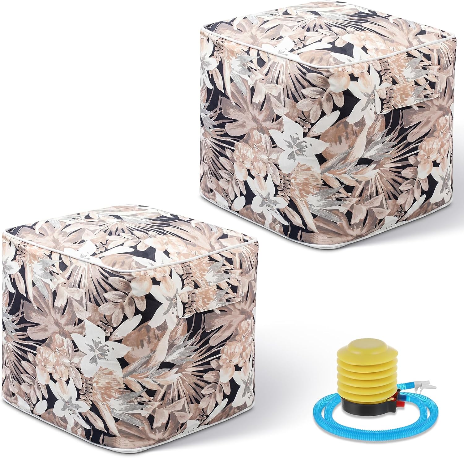Juexica 2 Pack Inflatable Outdoor Ottoman Pouf Waterproof Cube 16" Square Blow up Ottoman Footrest with Handle Outdoor Portable Footstool for Patio Garden Camping or Home Pool(Flower,Gold)