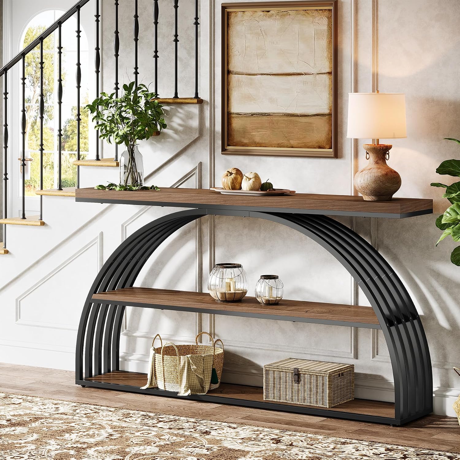 Tribesigns 63-Inch Console Table for Entryway, Farmhouse Entryway Table with Arched Frame, 3-Tier Industrial Sofa Console Behind The Couch for Living Room, Foyer, Hallway, Rustic Brown & Black