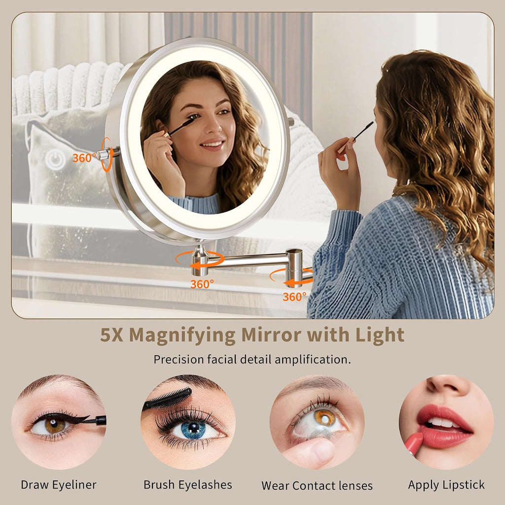 iPormis Makeup Vanity Desk with HD & 5X Mirror and Lights, 47 inch Make up Vanity w/Magnifying, Fluted Glass Top Dressing Table w/Power Outlets & Adjustable Storage,Natural