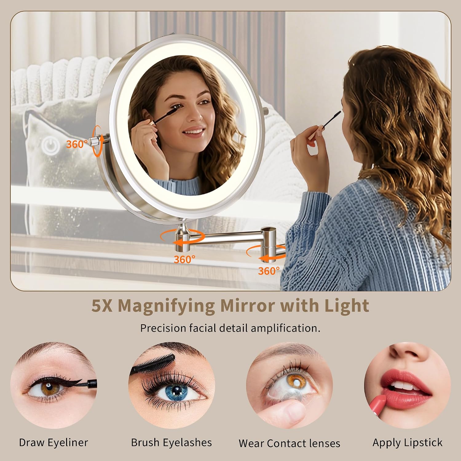 iPormis Makeup Vanity Desk with HD & 5X Mirror and Lights, 47 inch Make up Vanity w/Magnifying, Fluted Glass Top Dressing Table w/Power Outlets & Adjustable Storage,Natural