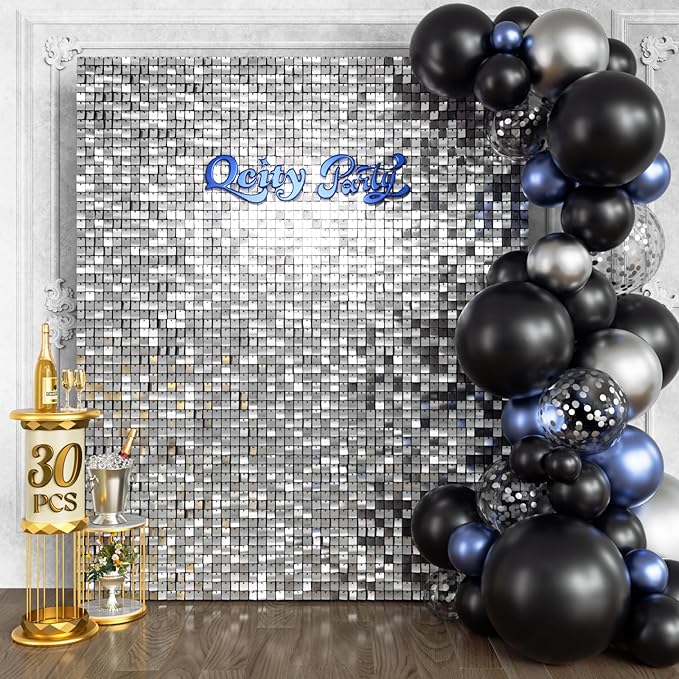 Qcity Silver Shimmer Wall Backdrop 30PCS, Black Back Not See-Through Design, Square Sequin Glitter Backdrop Panel, Perfect for Outdoor Events, Birthdays, Wedding and Party Decoration