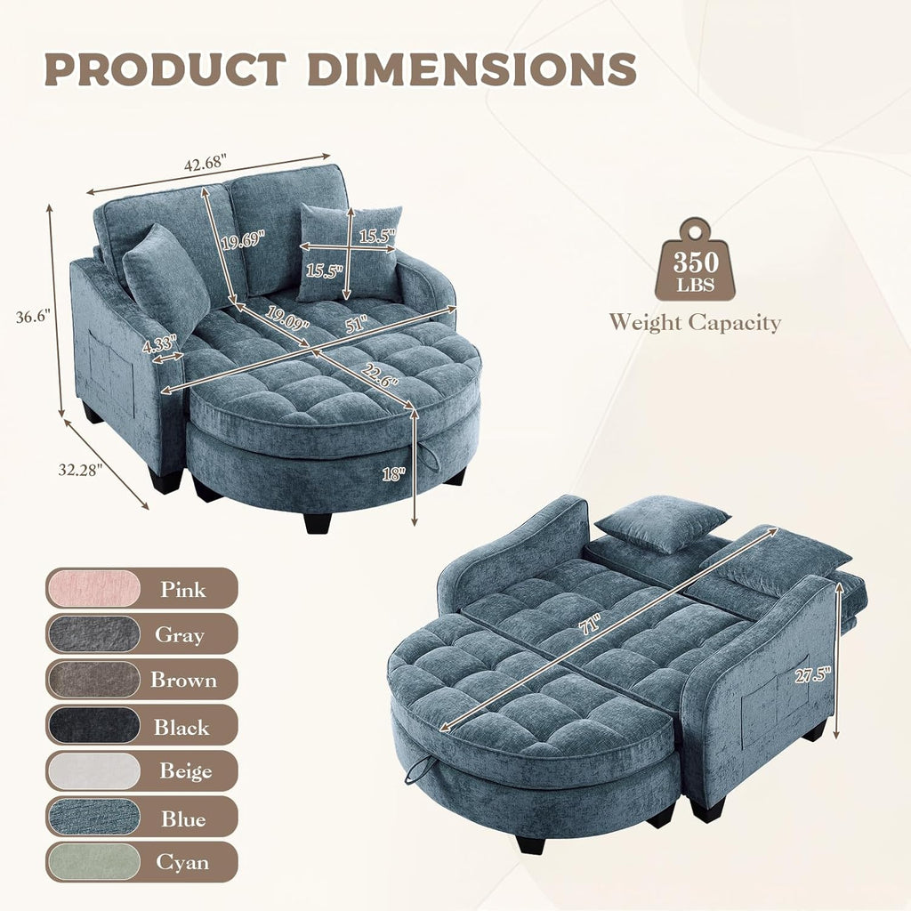 Oversized Curved Chaise Lounge Chair Indoor with Ottoman, 54.8" Cloud Reading Chair Soft Chenille Circle Couch w/Adjustable Backrest for Living Room, Apartroom, Bedroom, Blue