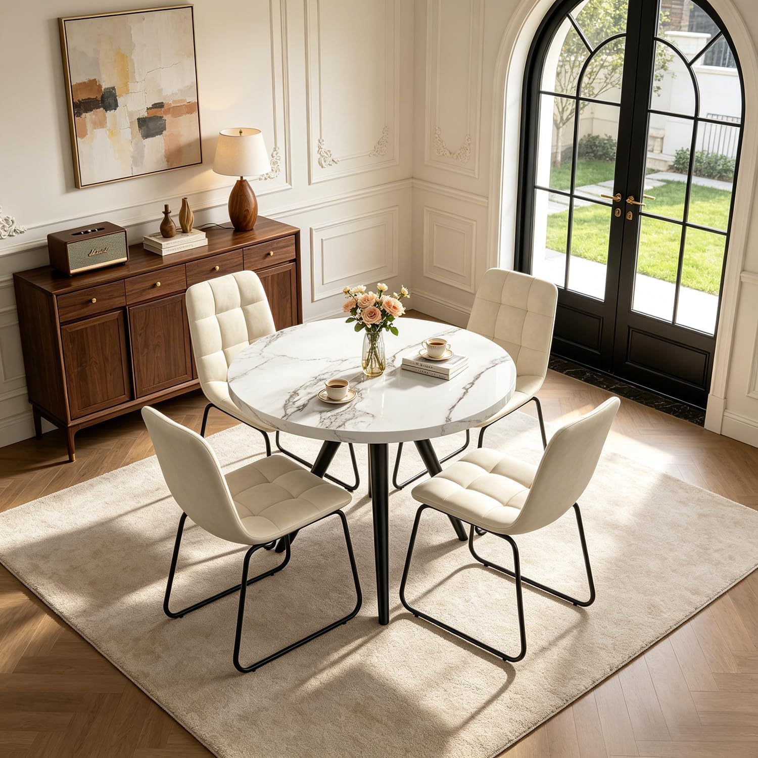 34.6" Round Dining Table for 4 People, Modern Kitchen Coffee Table White | Space-saving MDF Top, Tapered Legs & Thickened Edge, Sturdy & Seamless, Small Table Great for Dining Room, Office, Apartment