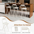Folding Bar Stool with Backrest, 29.5 Inch Tall Foldable Stool Chair with Leather Padded Seat, Portable Counter Height Collapsible Stool for Kitchen Island Shop Cafe Dining Room, White, 1pcs