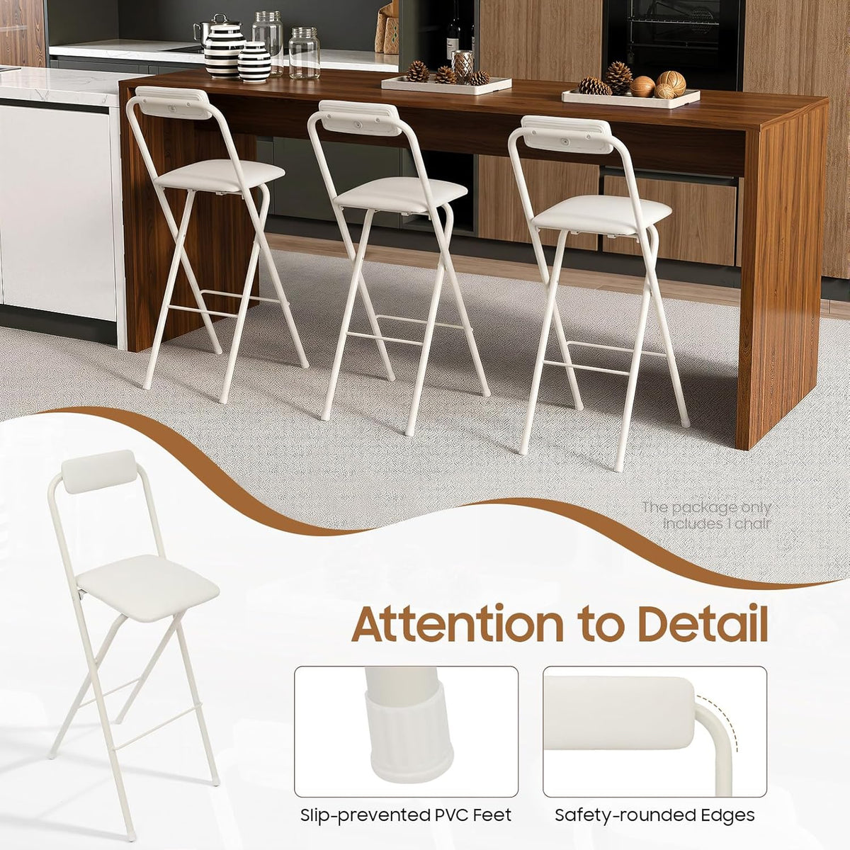 DYRABREST Folding Chair with Backrest, Tall Collapsible Stool, Steel Folding Bar Stool, Counter Height Seat with Leather Padded for Kitchen Island Shop Cafe Dining Room (1, White, 29.5 Inch)