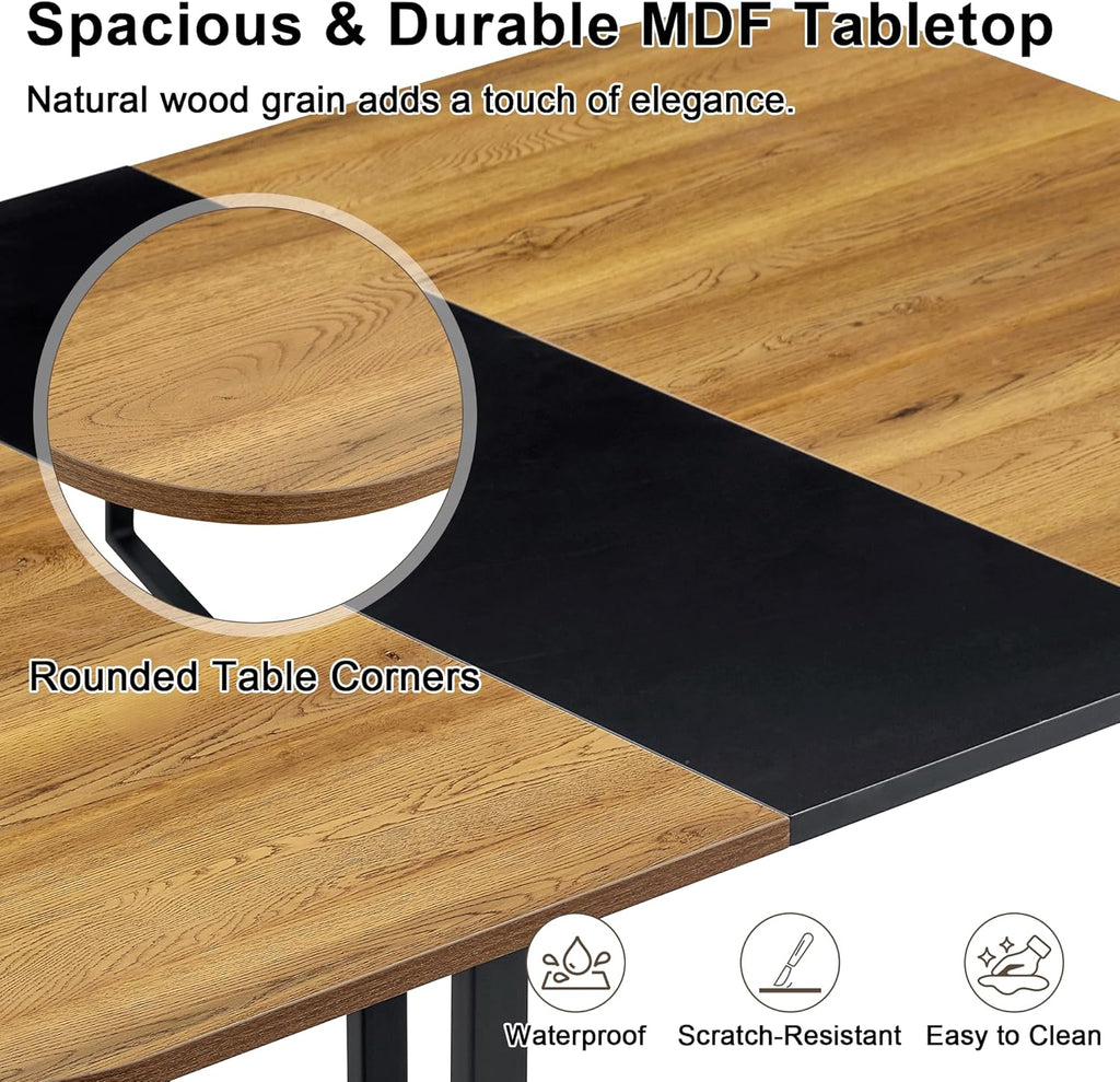 Dining Table Set for 6, 60" Faux Marble and Wood Kitchen Table with 6 PU Leather Chairs,Modern Retangular Dining Table Set for Kitchen,Living Room (Black, Wood+Black Table Set)