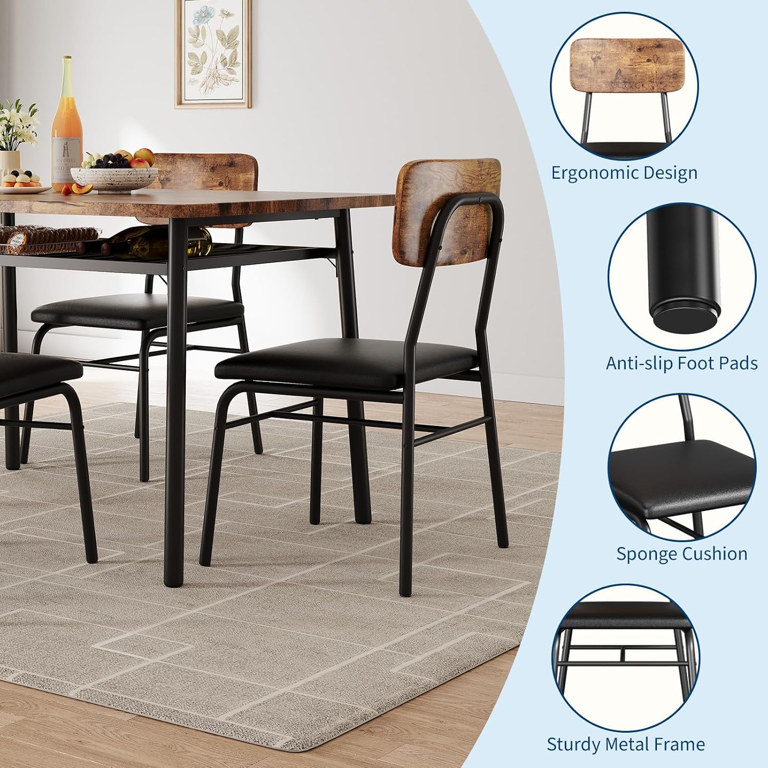 GarveeHome Dining Table Set for 4 with Storage Rack, Brown | 5-Piece Kitchen Table and Upholstered Chairs, Wood Tabletop, Heavy-Duty Metel Frame, for Small Space, Apartment, Kitchen Room