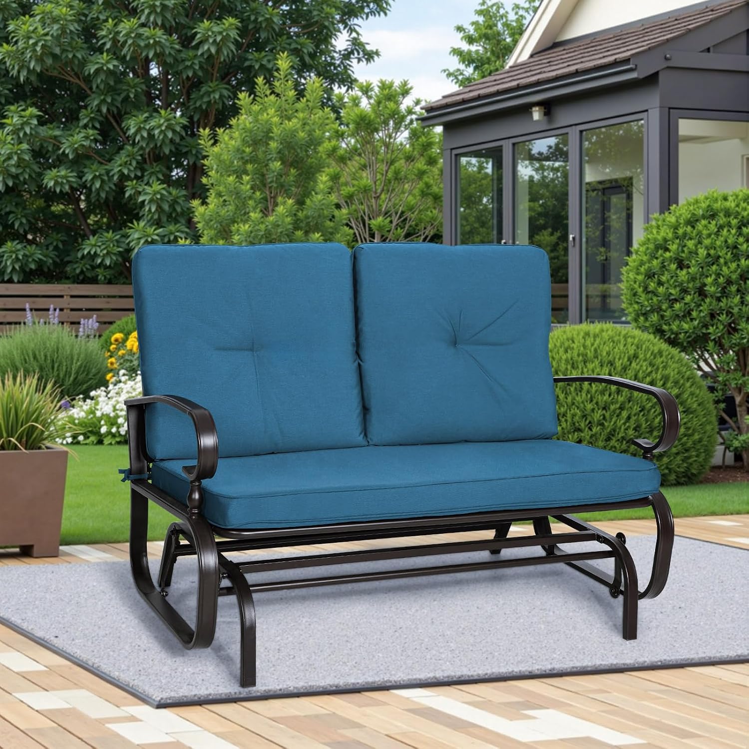 Incbruce Outdoor Swing Glider Rocking Chair Patio Bench for 2 Person, Garden Loveseat Seating Patio Steel Frame Chair Set with Cushion, Peacock Blue