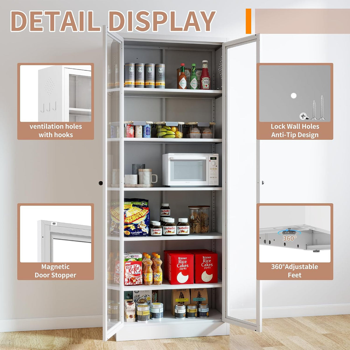 Metal Kitchen Pantry Cabinet, 72" Tall Storage with 5 Adjustable Shelves, White Freestanding Cabinet for Kitchen Pantry Bathroom, 14" Narrow Cabinet with Glass Door
