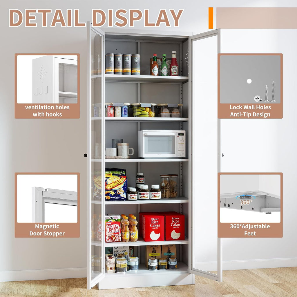 Metal Kitchen Pantry Cabinet – 72" Tall Storage with 5 Adjustable Shelves, White Freestanding Cabinet for Kitchen/Pantry/Bathroom – Heavy Duty Steel Frame, Glass Door
