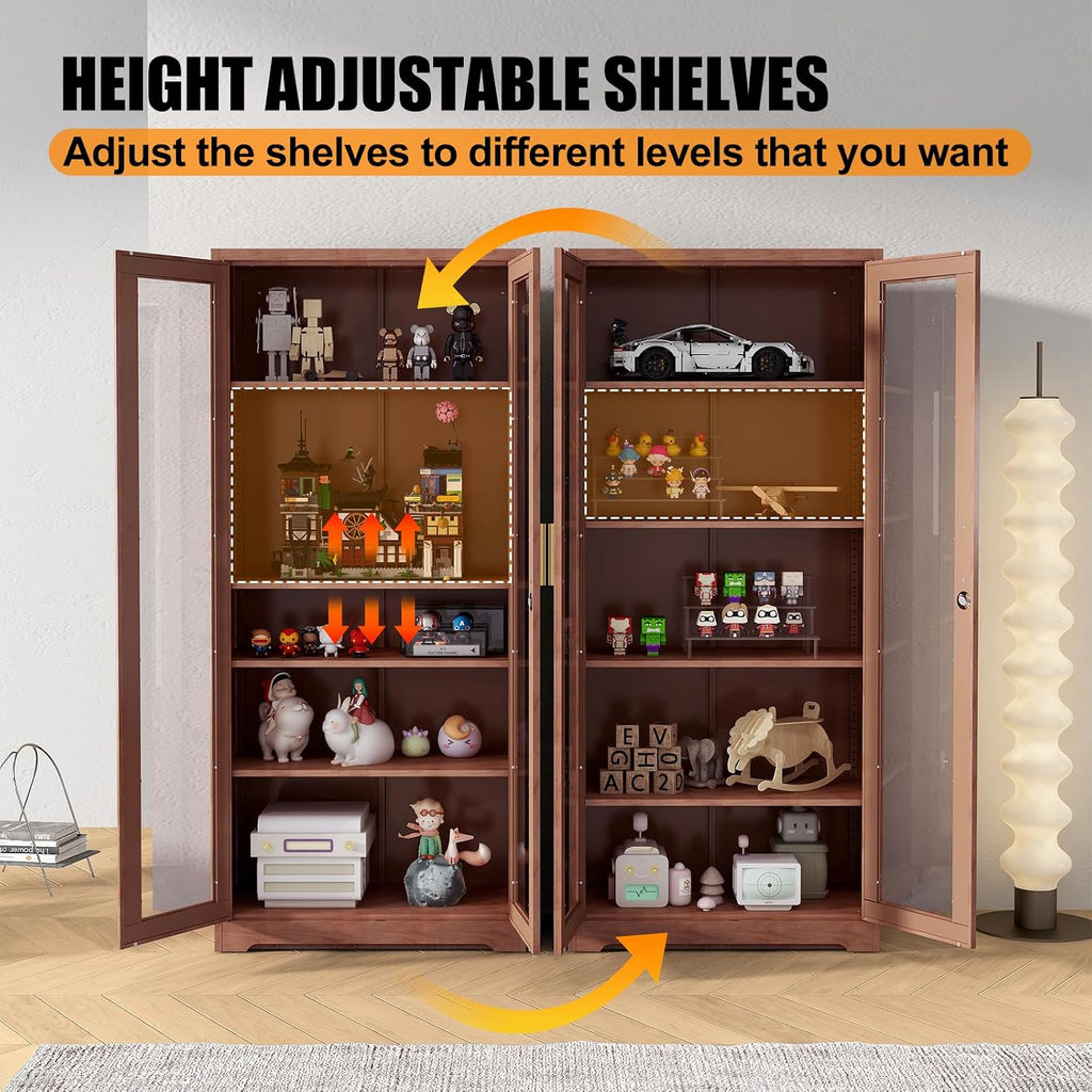 71" Display Cabinet, Metal Kitchen Storage Cabinet, Curio Display Case with Glass Doors and 4 Adjustable Shelves, Locking Cabinets for Kitchen, Hallway, Living Room, Wood Color -Assembly Required