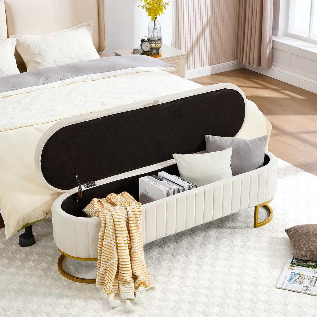 Storage Ottoman Bench, 63" Velvet End of Bed Bench Bedroom Bench King Size with Golden Metal Legs, Upholstered Storage Bench for Bedroom Living Room Entryway and Window, Beige