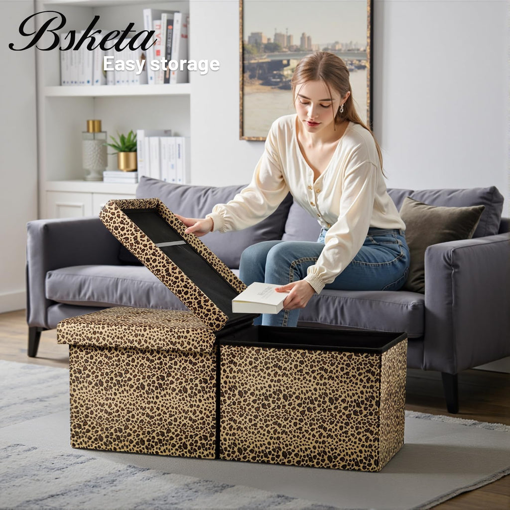 Bsketa Storage Ottoman Bench, 34" Folding Velvet Foot Rest,Leopard Print | Large Ottoman with Storage, Thicker Foam Padded Seat, Livingroom, Dorm, Bedroom, Easy to install, 86L,34 x 13 x 13in