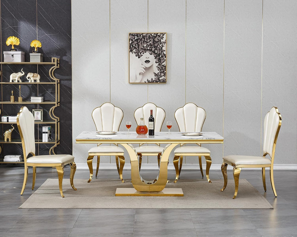 White Marble Dining Table for 6 Modern Luxury Faux Marble Kitchen Table for 6, 68" Large Dining Room Tables with U-Shape Gold Stainless Steel Base