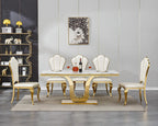White Marble Dining Table for 6 Modern Luxury Faux Marble Kitchen Table for 6, 68" Large Dining Room Tables with U-Shape Gold Stainless Steel Base