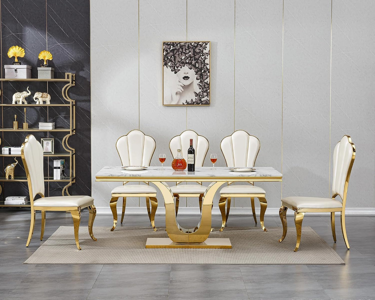 White Marble Dining Table for 6 Modern Luxury Faux Marble Kitchen Table for 6, 68" Large Dining Room Tables with U-Shape Gold Stainless Steel Base