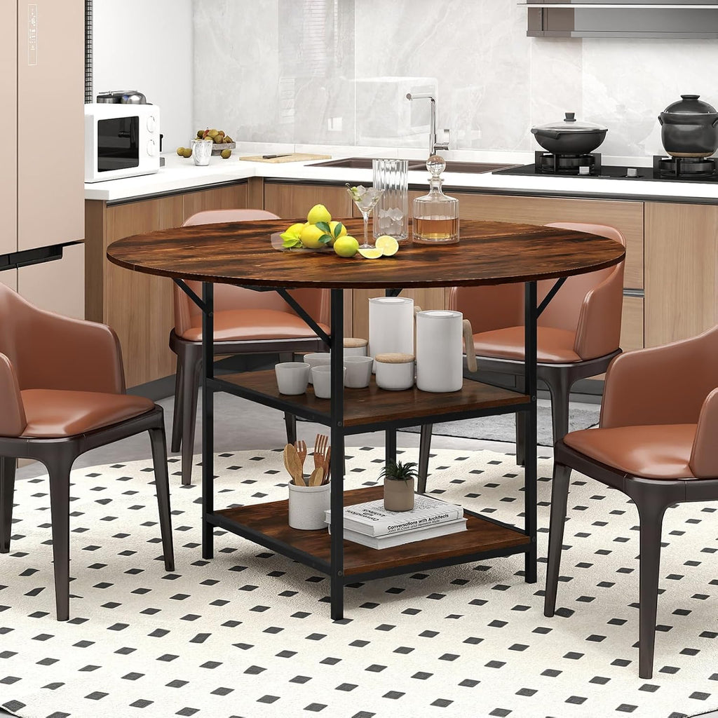 GOFLAME Round Dining Table for 4-6 People, 47” Kitchen Table with 2-Tier Storage Shelves and Heavy-Duty Metal Frame, Industrial Dinner Table for Kitchen, Dining Room, Apartment, Rustic Brown