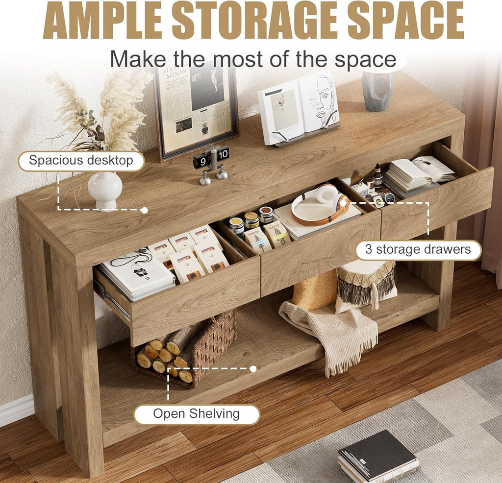 PAKASEPT 63'' Wood Console Table with Drawers, Farmhouse Entryway Table with Open Storage Shelf,Couch Table Behind,Long Foyer Tables for entryway, Sofa for Living Room Hallway,Natural