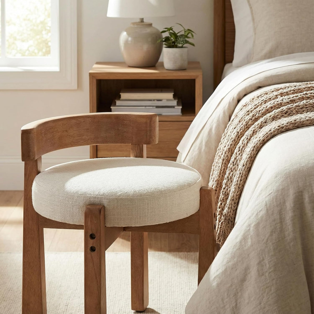 HNY Modern Linen Ottoman- Low-Back Makeup Seat & Lounge Footrest with Solid Wood Frame, Casual Style for Bedroom Dressing Area, Beige