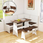 Breakfast Nook Set 3-4 Seat L-Shaped with Hidden Storage - Space Saving Corner Kitchen Dining Table & Bench Set - Farmhouse Family Home White Brown Wood
